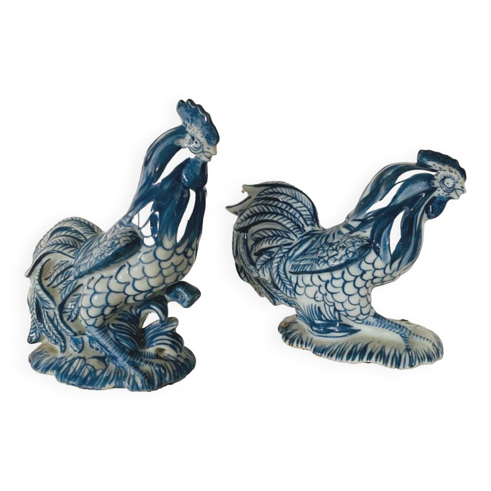 Pair of ceramic roosters in blue camaieu 20th century