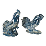 Pair of ceramic roosters in blue camaieu 20th century