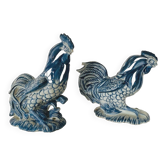 Pair of ceramic roosters in blue camaieu 20th century