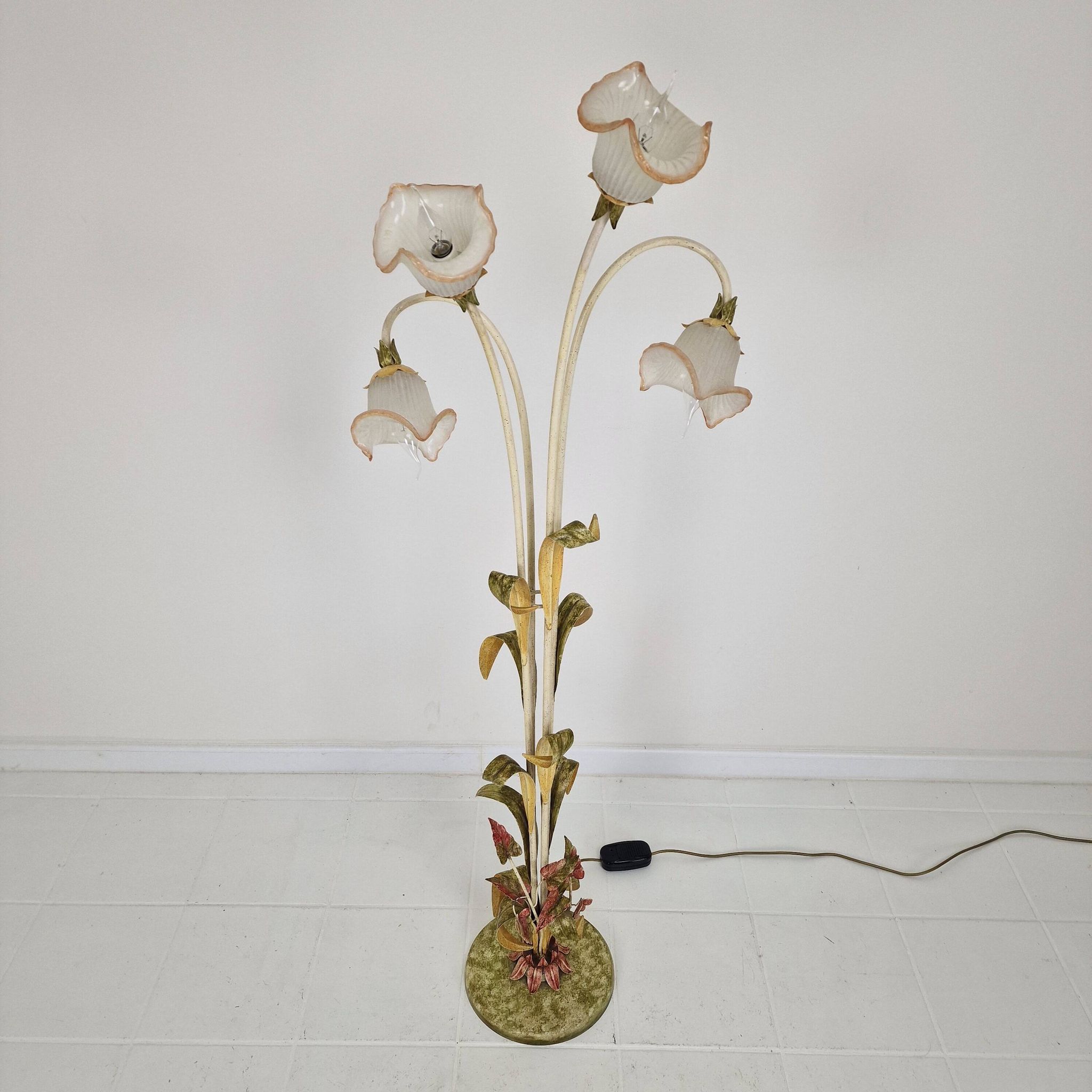 Italian Floor Lamp with Metal Stems, Leaf Details and Murano Glass Flowers