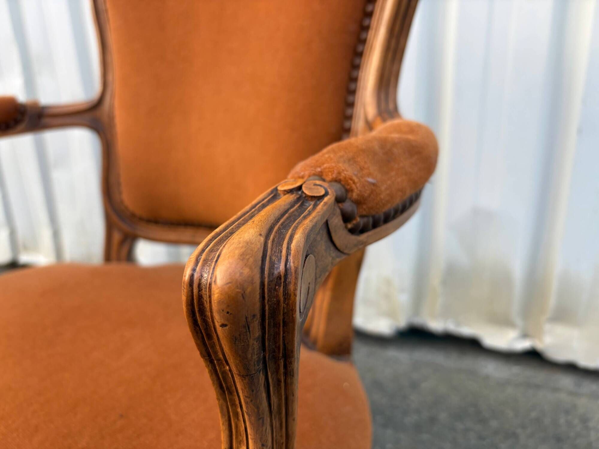 Pair of Louis XV style armchairs in ochre velvet