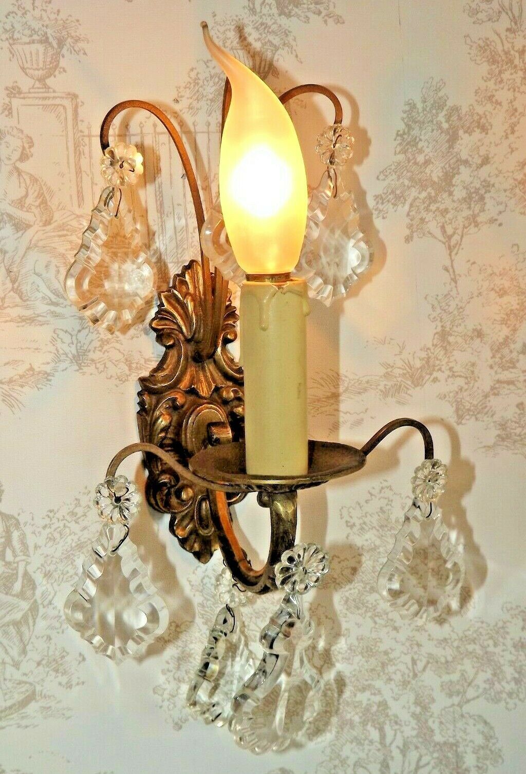 Pair vintage french ornate single wall lights with crystal drops 3138