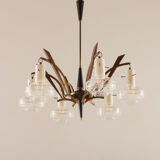 Italian mid-century Murano glass and teak chandelier attributed to Stilnovo, 1960s