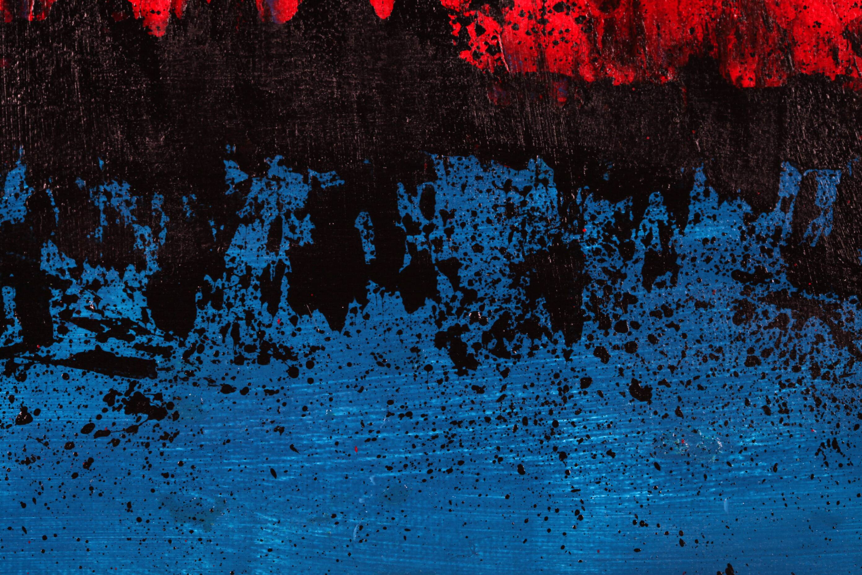 Contemporary abstract artwork in blue, red,black, yelow on stretched canvas
