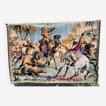 Orientalism tapestry with hunting scene of Arab warriors and lions