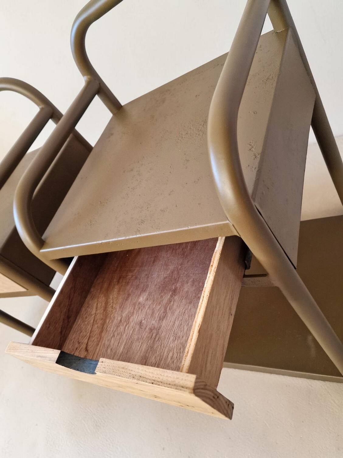 Vintage bedside tables in metal and brown beige wood.