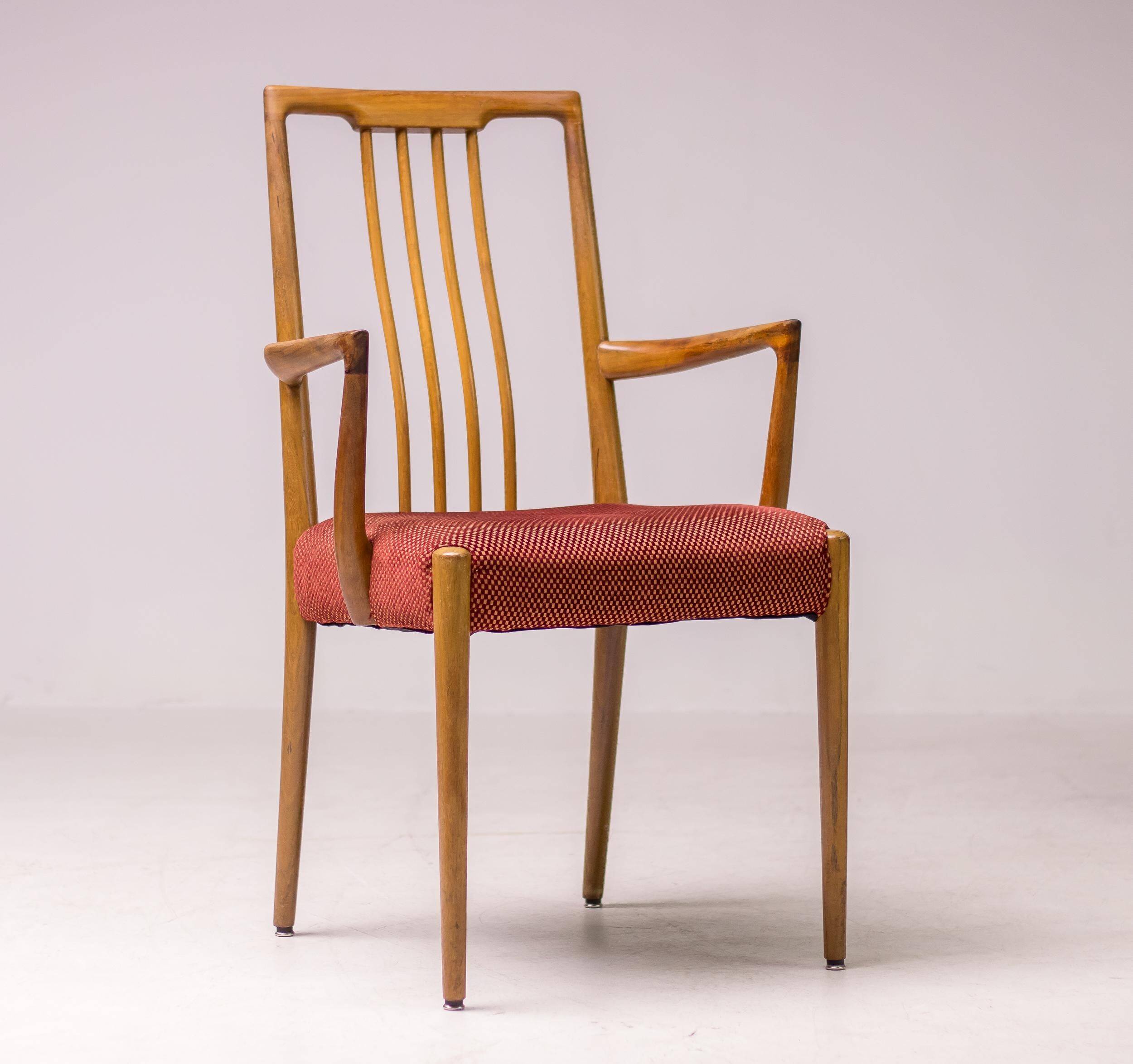 Set of six carved walnut dining chairs, Italy, 1955