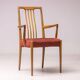 Set of six carved walnut dining chairs, Italy, 1955