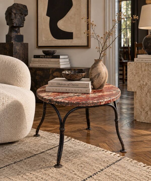 Petite table d’appoint ancienne en fer forgé et bois patiné – années 30/40