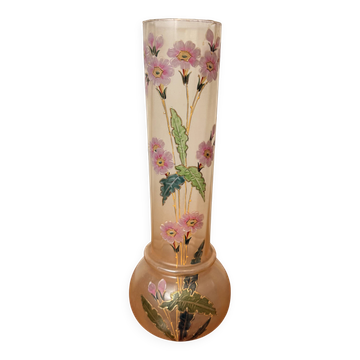 Grand vase ancien Legras – Verre émaillé – Fleurs roses – Art Noveau