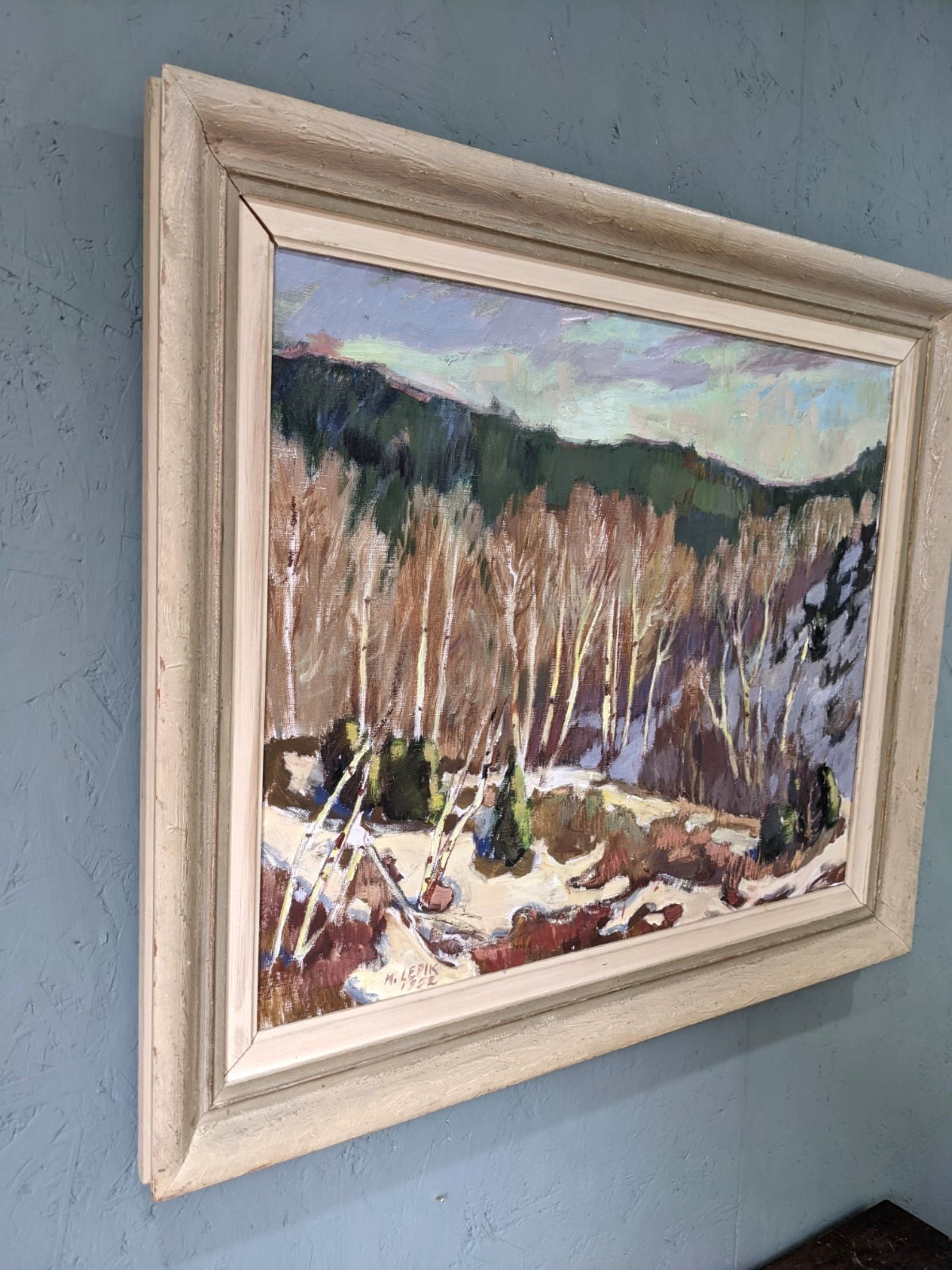 1952 Mid-Century Modern Swedish "Alp Trees" Vintage Winter Landscape Oil Painting, Framed