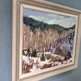 1952 Mid-Century Modern Swedish "Alp Trees" Vintage Winter Landscape Oil Painting, Framed