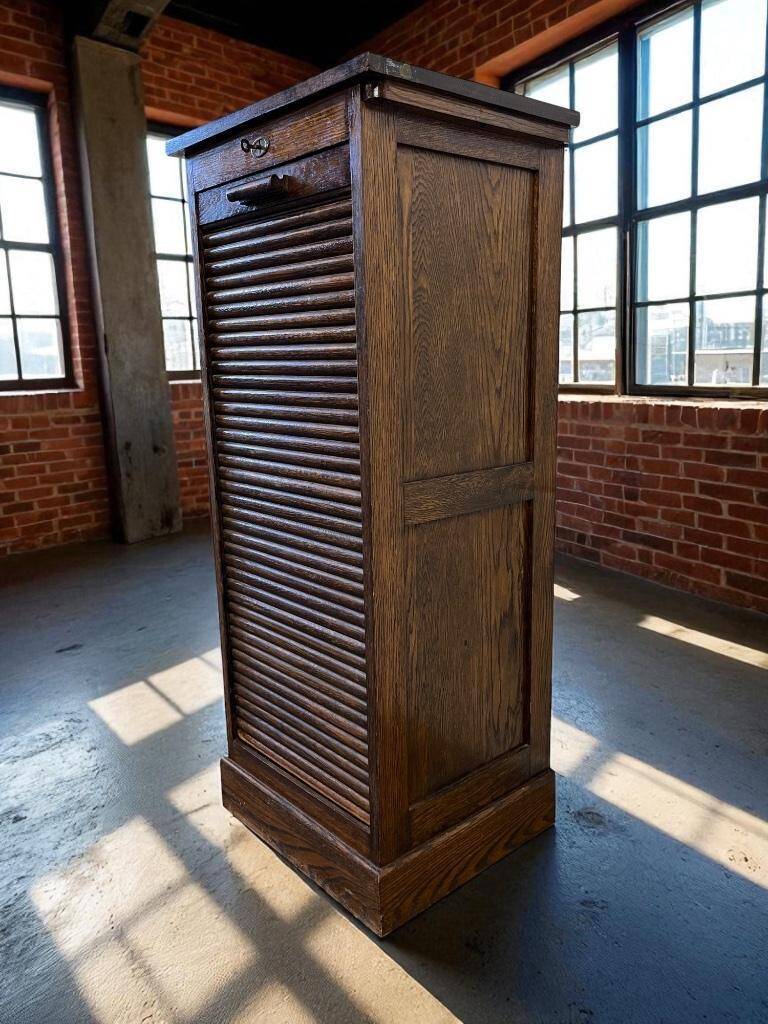 Vintage wooden filing cabinet with roller shutter
