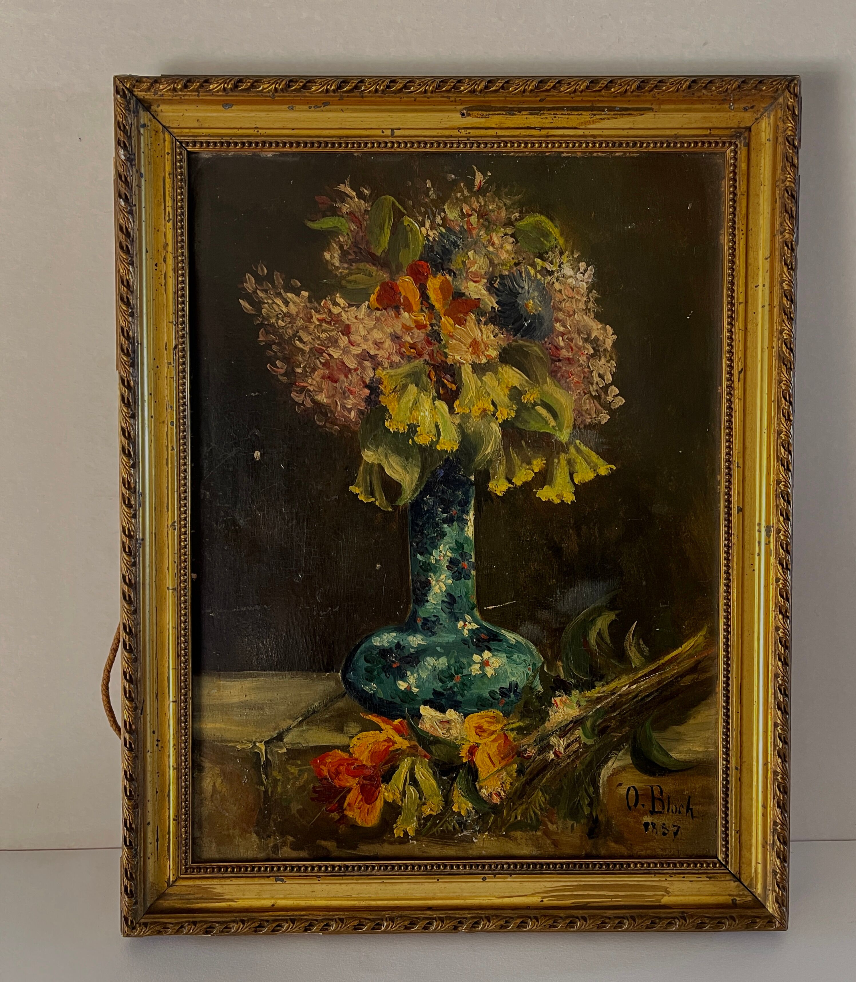 Still life with vase and bouquets of flowers