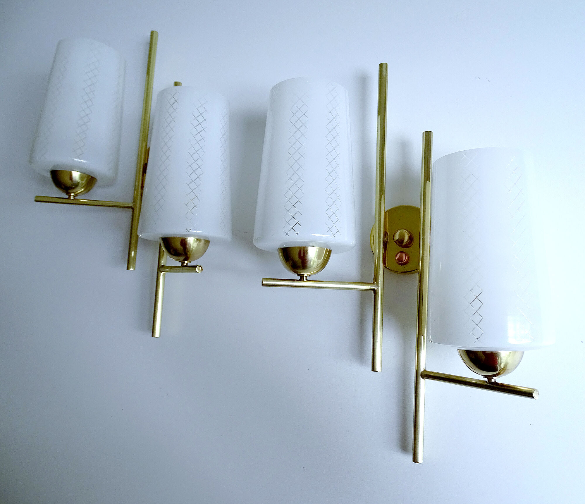Pair vintage wall lamps 60 glass brass