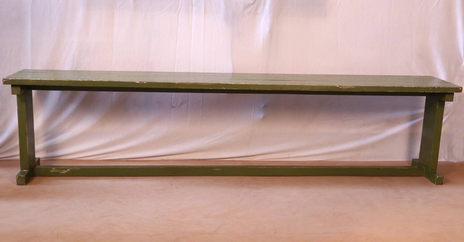 Antique Burmese teak bench with original green patina