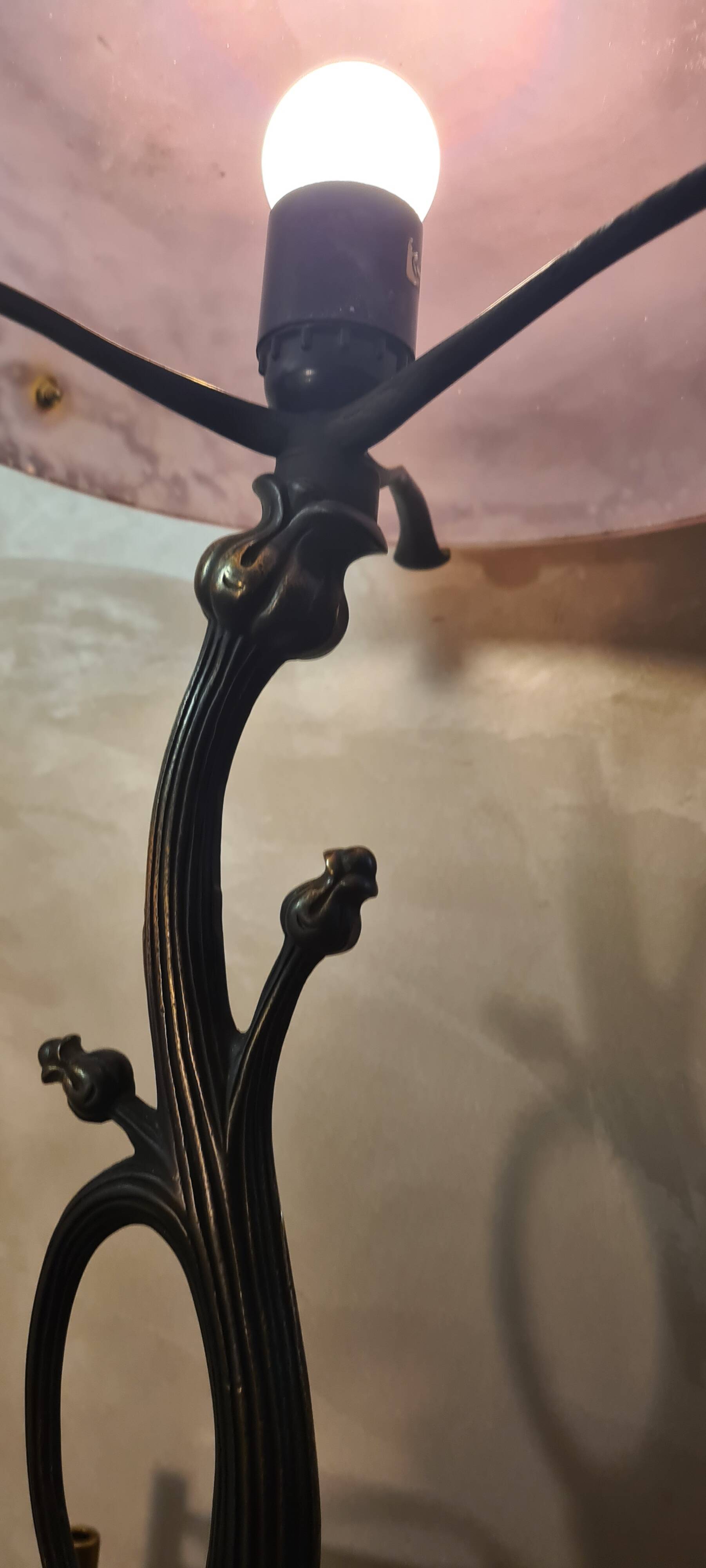 Art nouveau style bronze lamp and its marbled glass paste basin 48x30