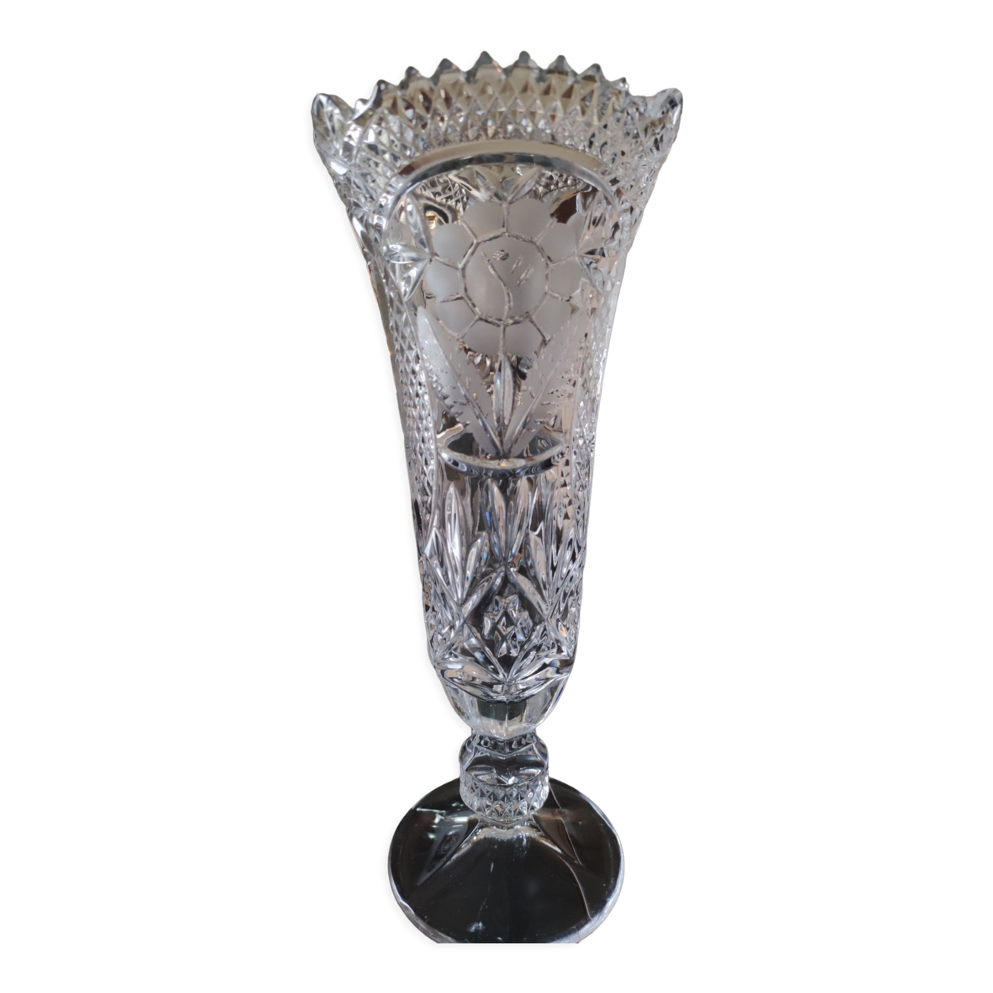 Vintage vase in stylish bohemian chic crystal, floral motifs, braces