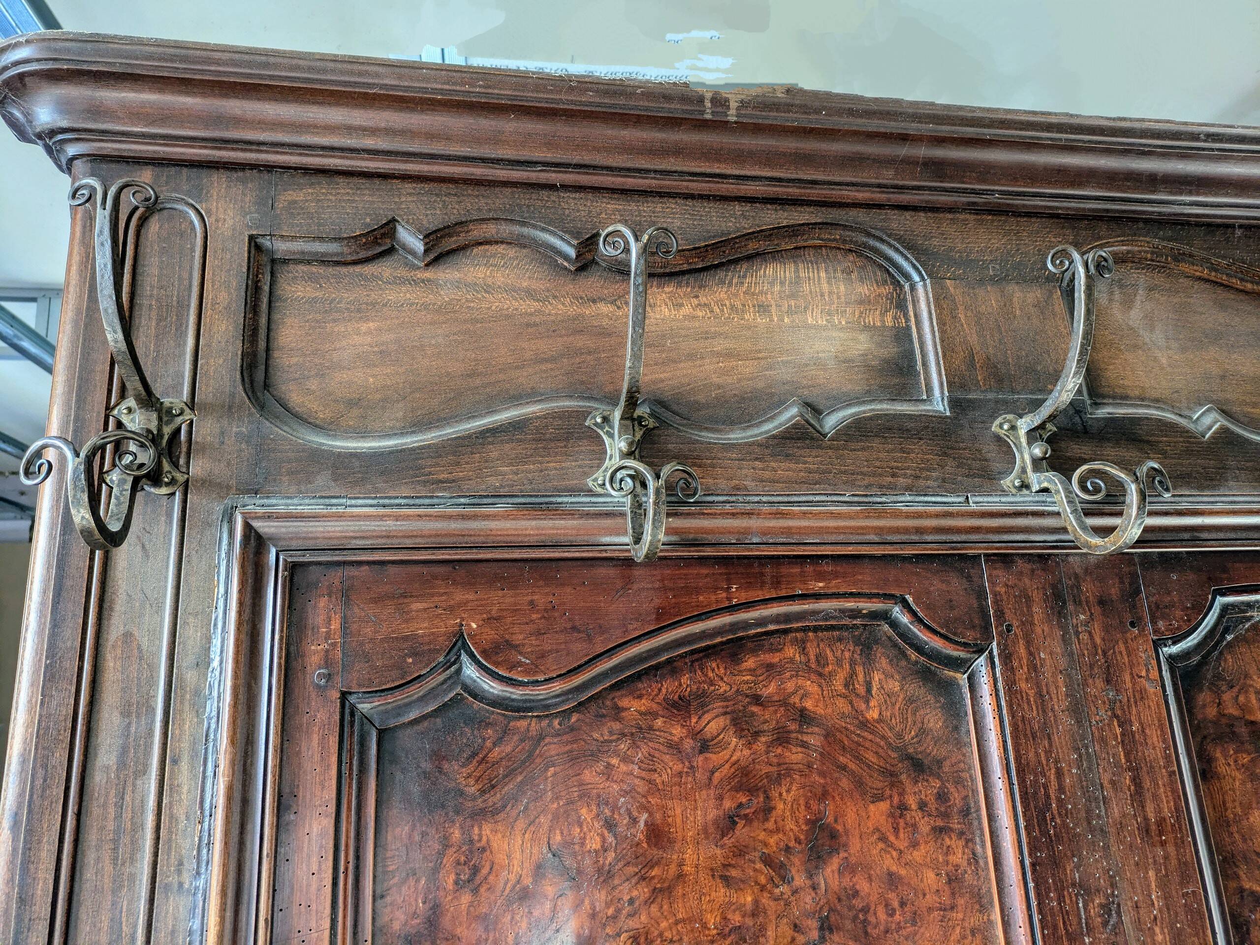 Antique 19th century solid walnut and burl walnut coat rack