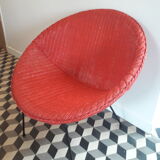 Armchair basket red vintage style frame metal seat wicker rattan scoubidou