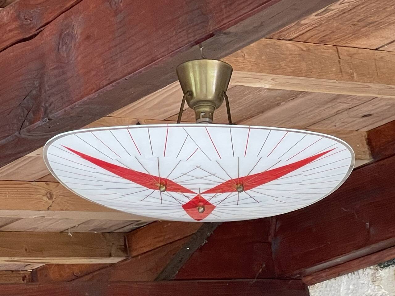 Vintage triangular ceiling light in glass and brass circa 1970s.