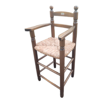 Chaise haute enfant paillée et bois vintage