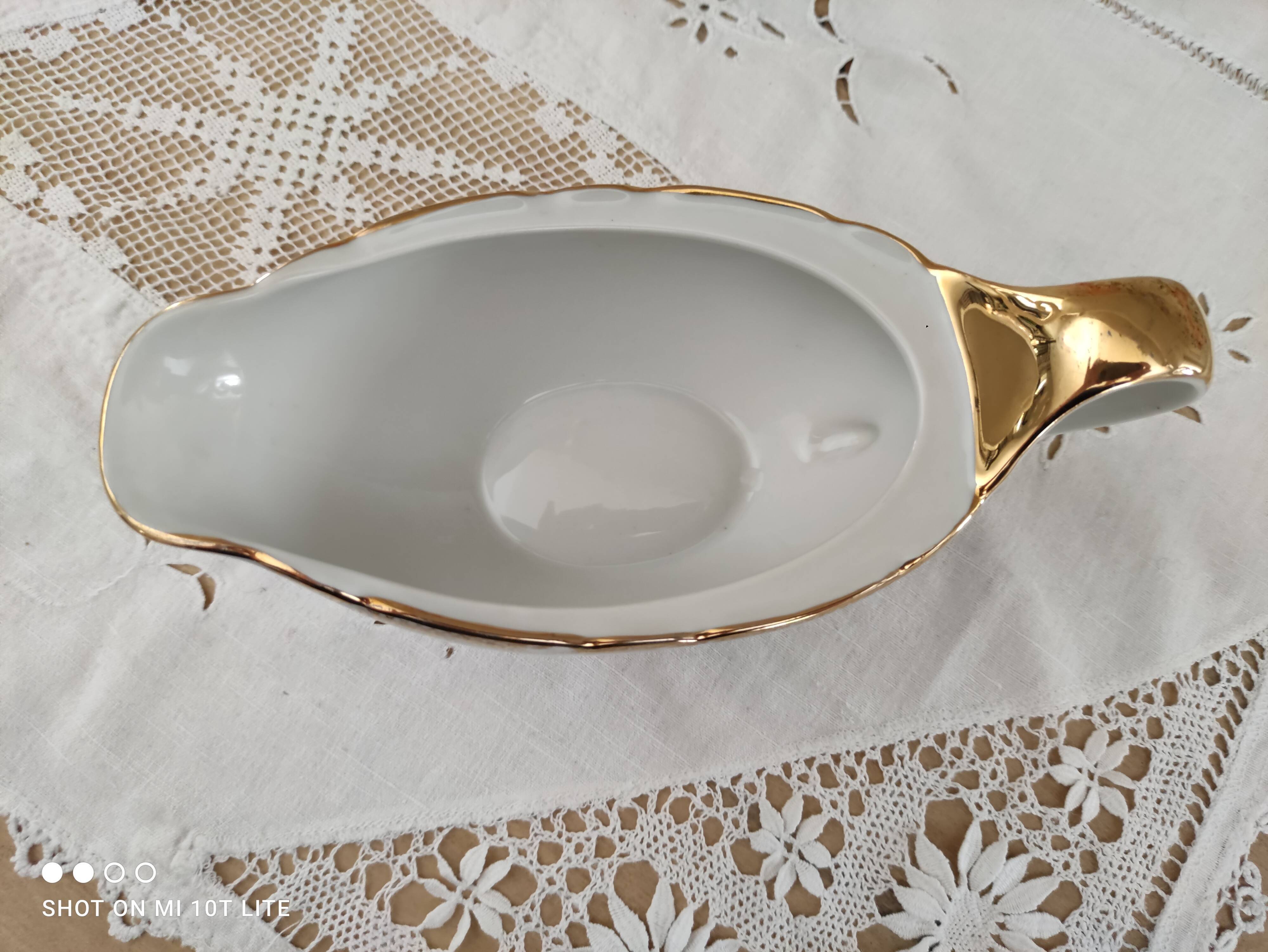 White porcelain saucière evor france frieze golden crosses
