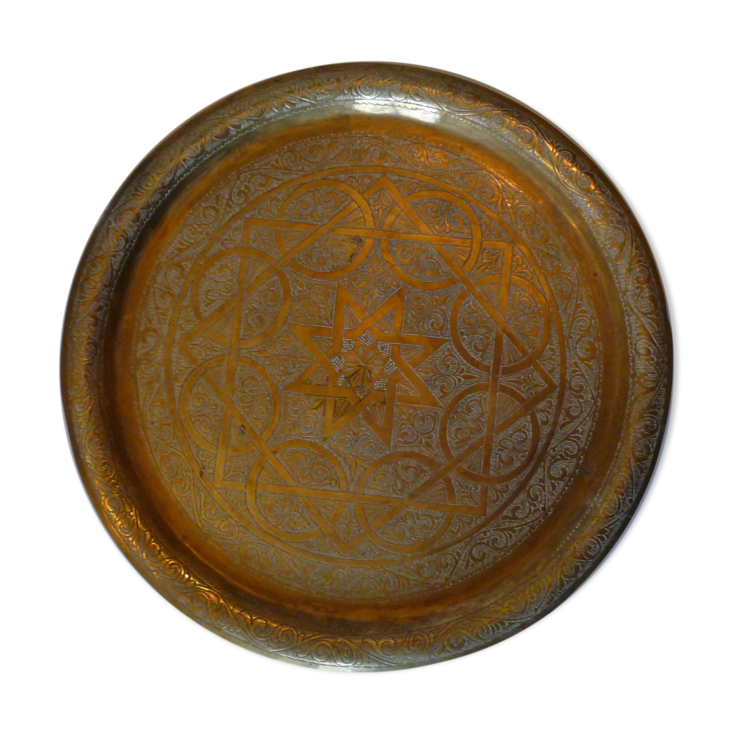 Old copper tray, chiseled, Moroccan
