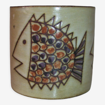 Vase ceramic decoration with three fish Vallauris signed Olivier Petit