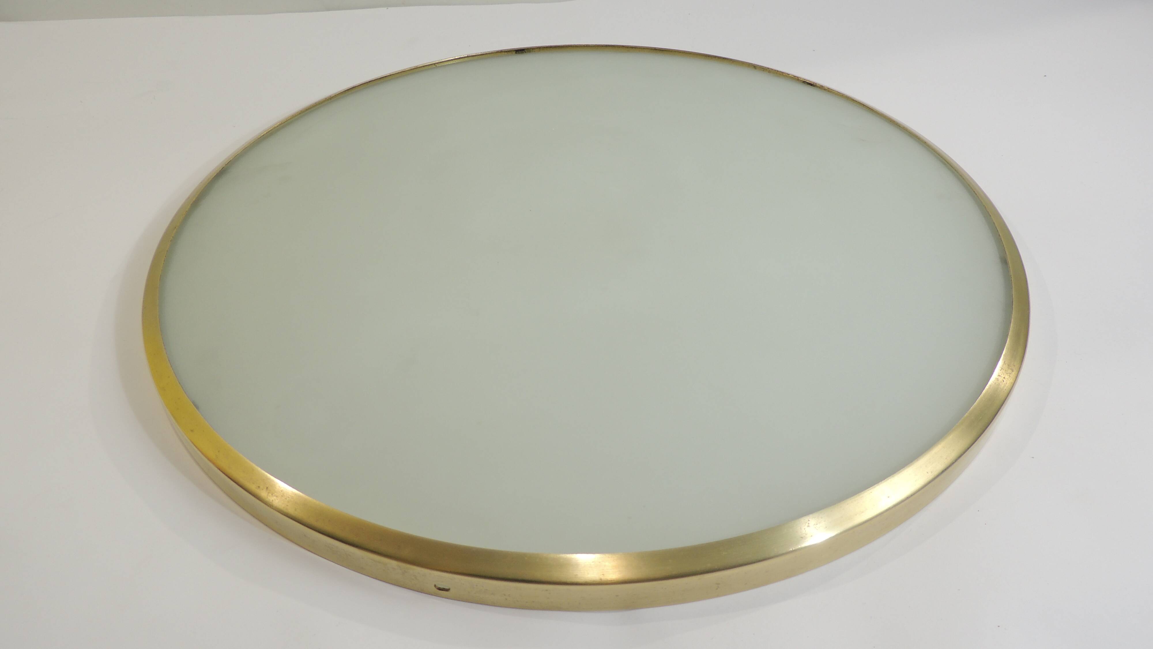 Large vintage ceiling light in opaline glass and brass – Arne Jacobsen style