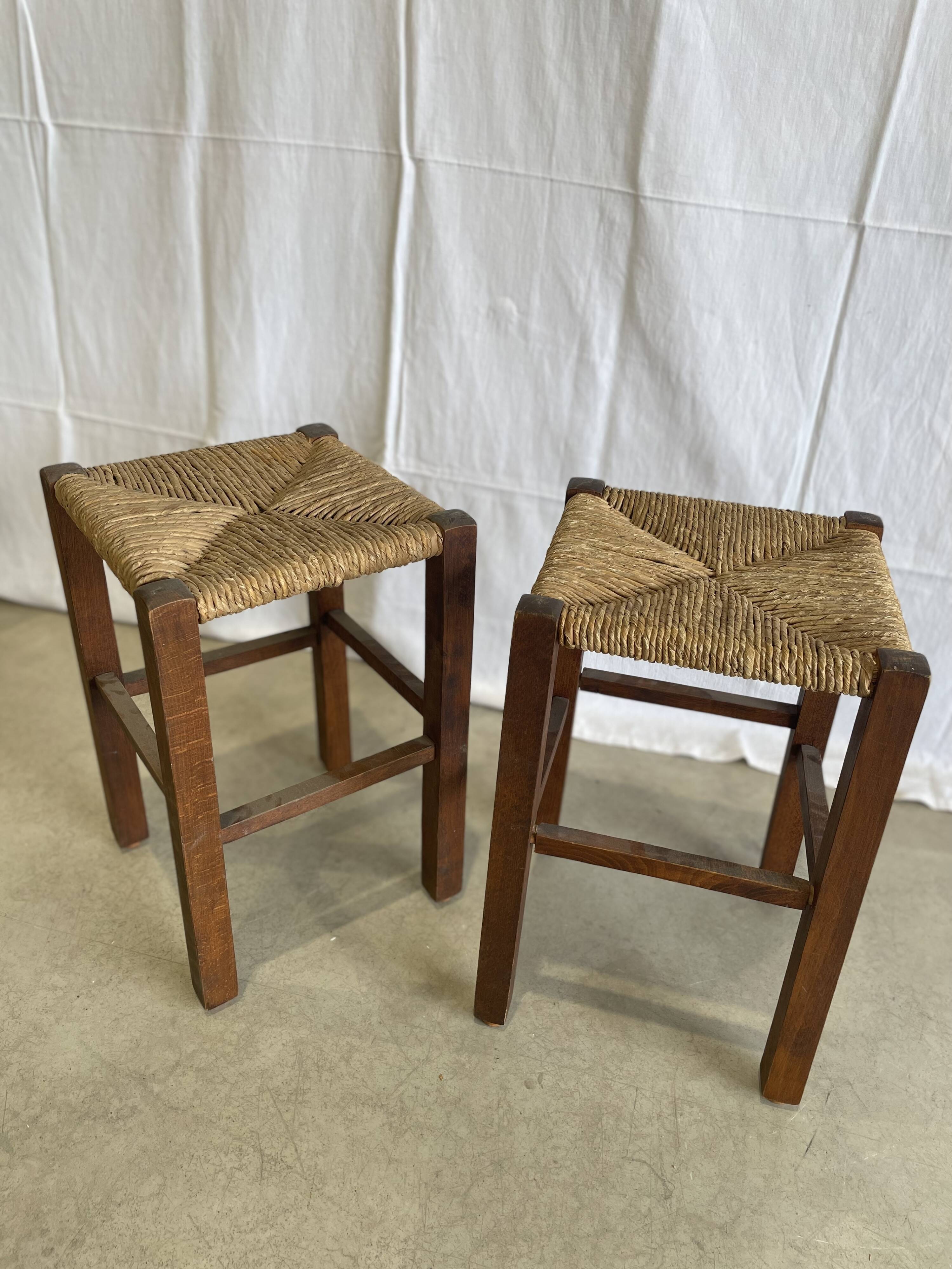 Pair of straw and wood stools