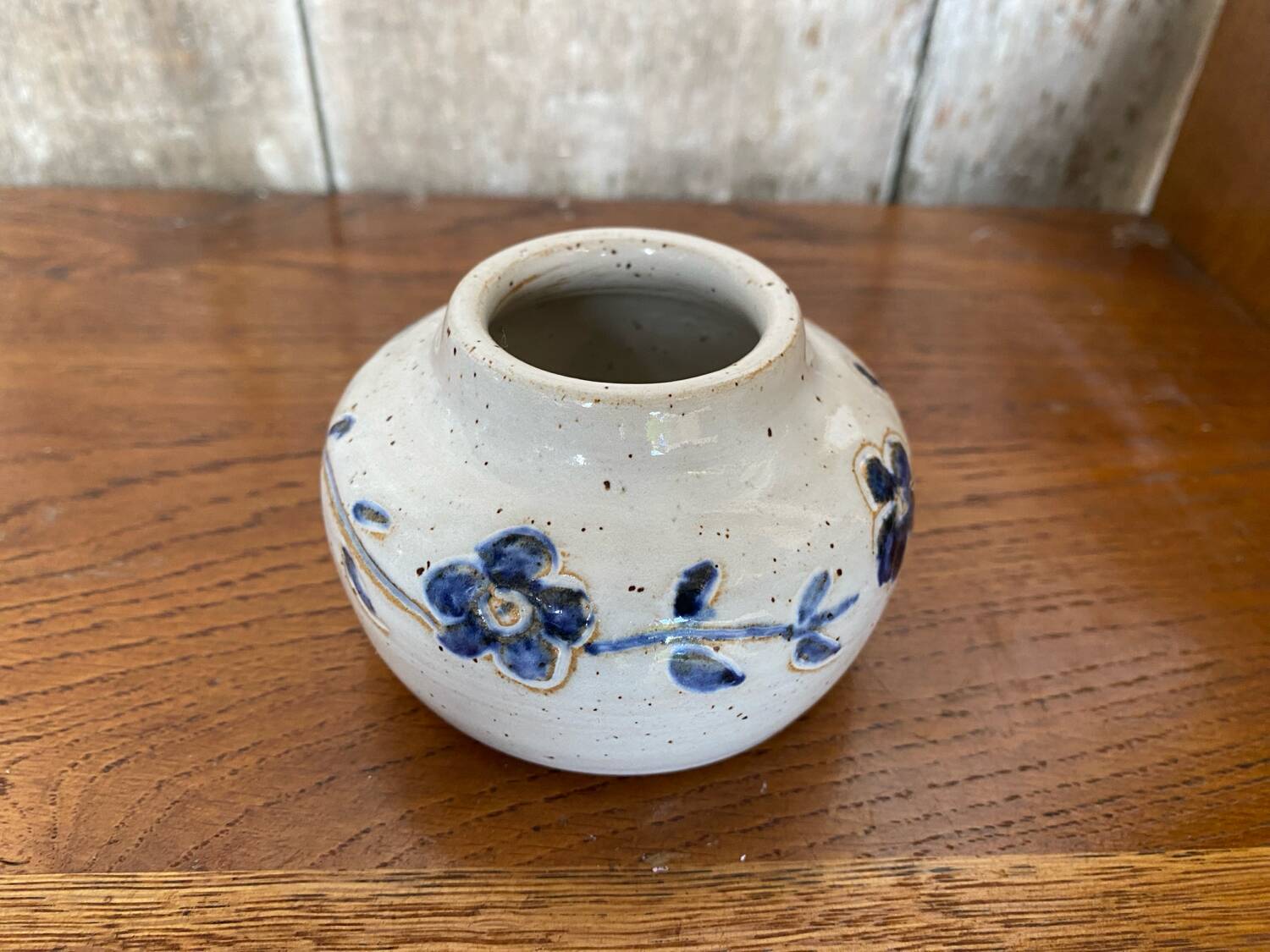 Antique White Ceramic Ball Vase Chiseled Decor Blue Flowers Vintage