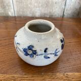 Antique White Ceramic Ball Vase Chiseled Decor Blue Flowers Vintage