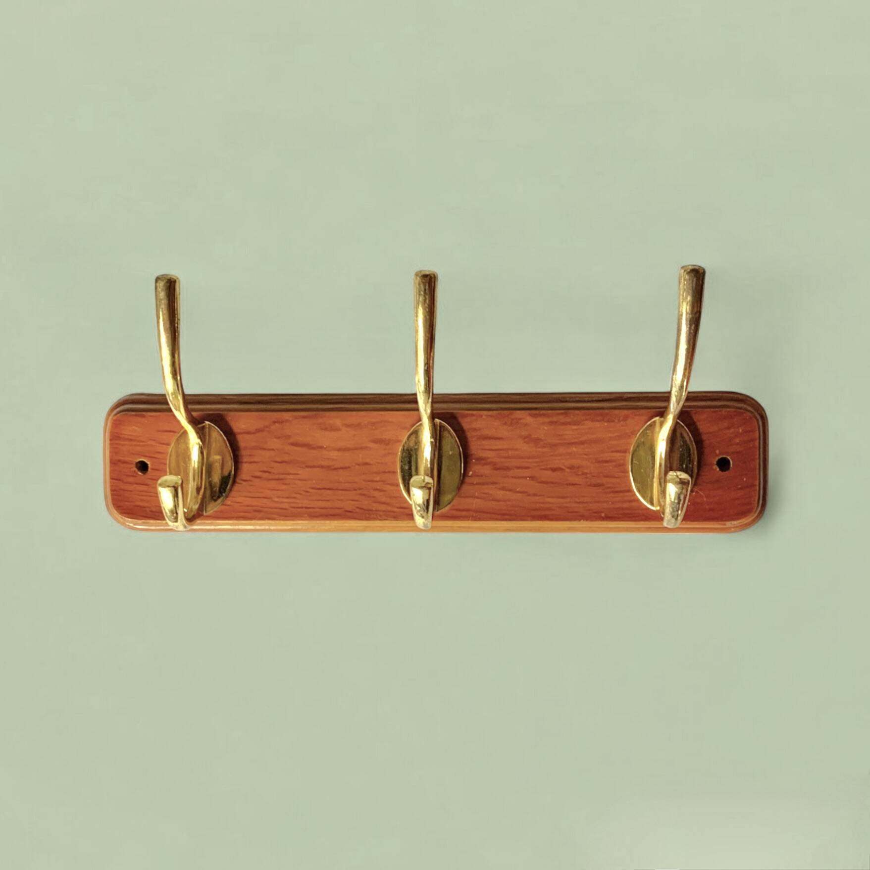 Vintage wall coat rack in lacquered wood - 3 golden hooks