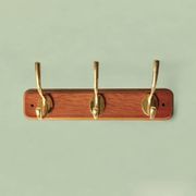 Vintage wall coat rack in lacquered wood - 3 golden hooks