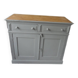 Buffet ancien sublimé en vert de gris, plateau bois.