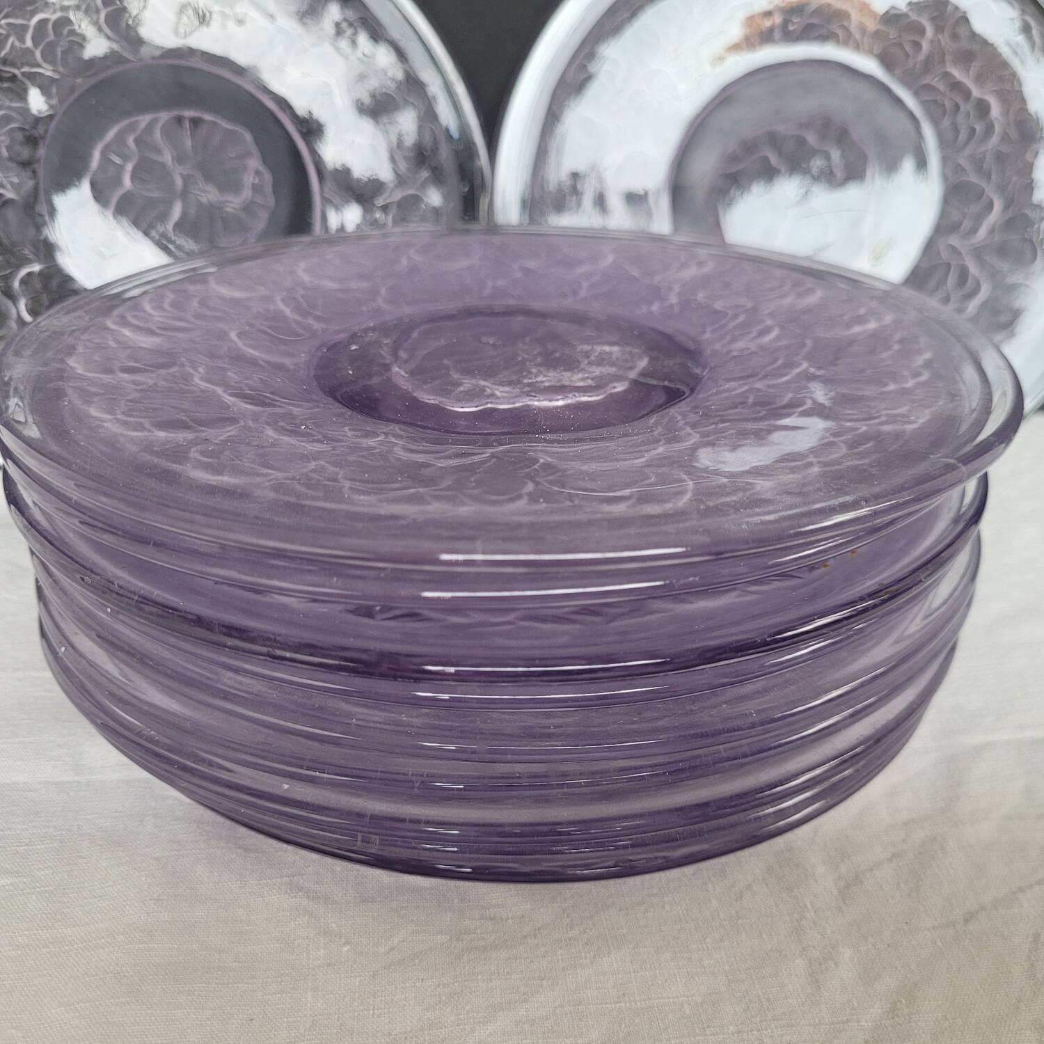 Moulded glass dessert plates – floral pattern – 1930s–1950s