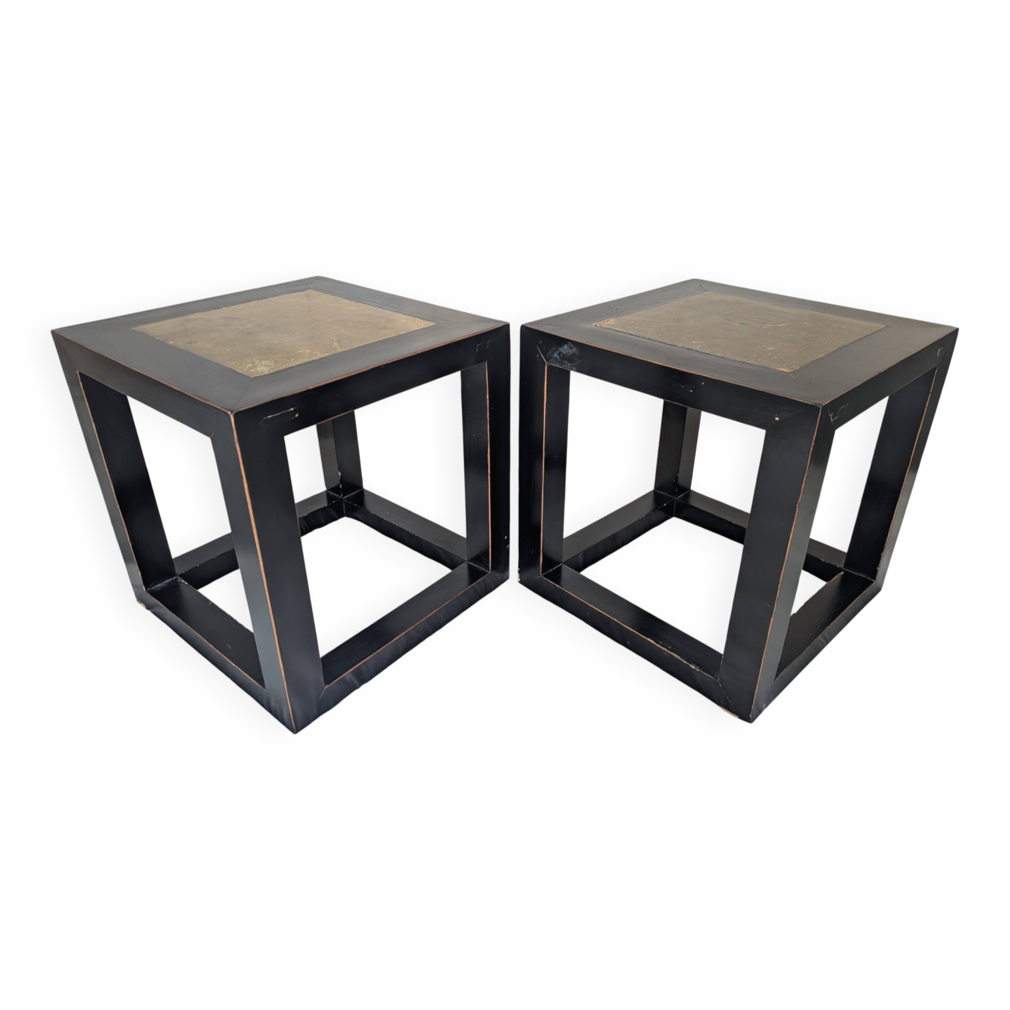 Chinese side tables in black lacquer, stone top.