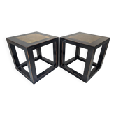 Chinese side tables in black lacquer, stone top.