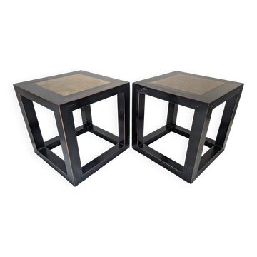 Chinese side tables in black lacquer, stone top.