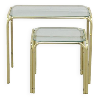 ensemble vintage de tables en laiton et verre