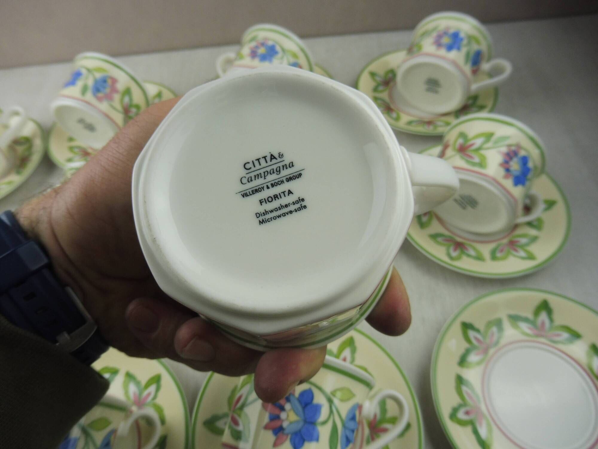 Lot 12 old cups under cups, Fiorita campagna décor, from Villeroy to Boch