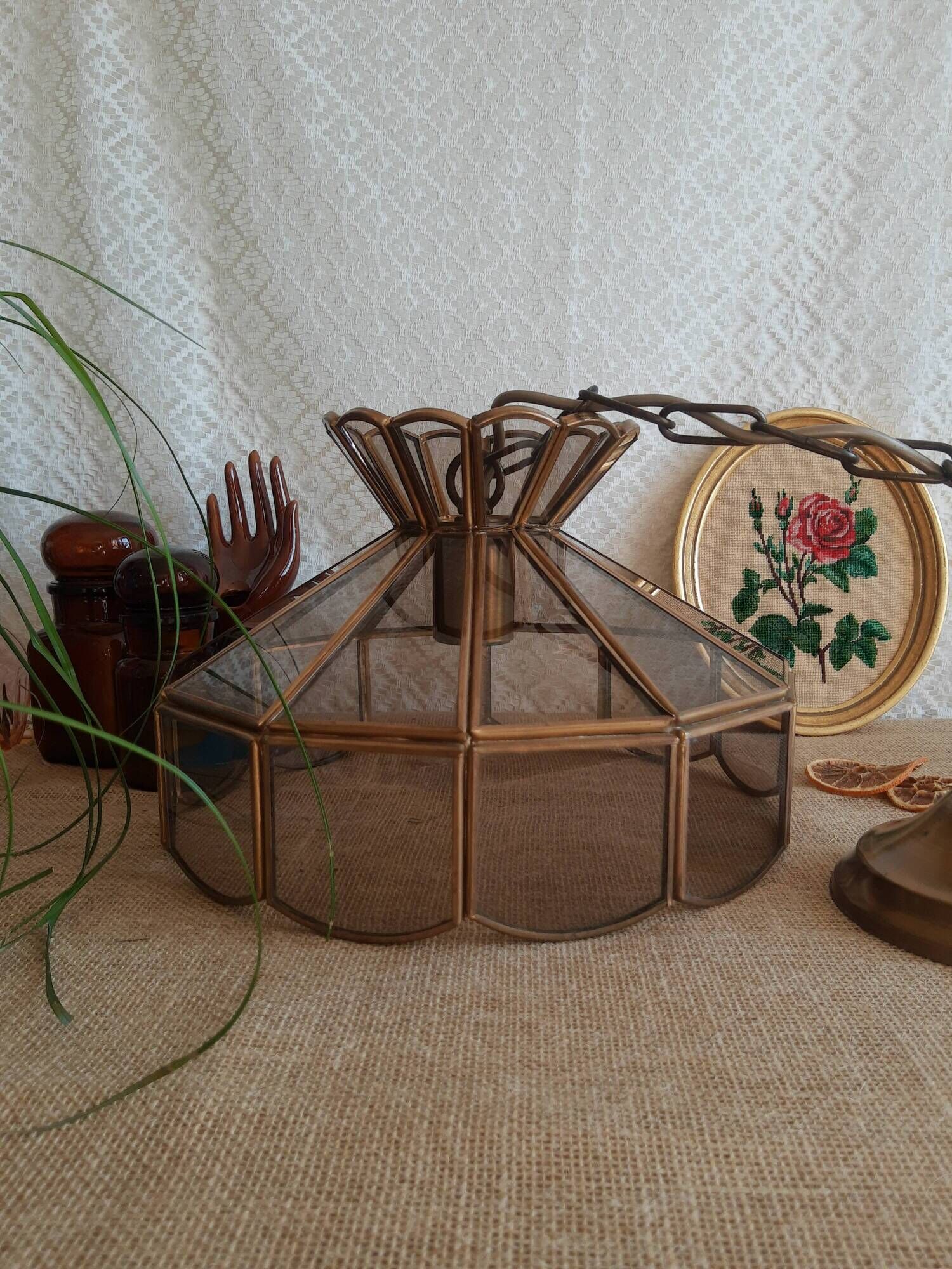 Brass suspension and smoked glass - vintage