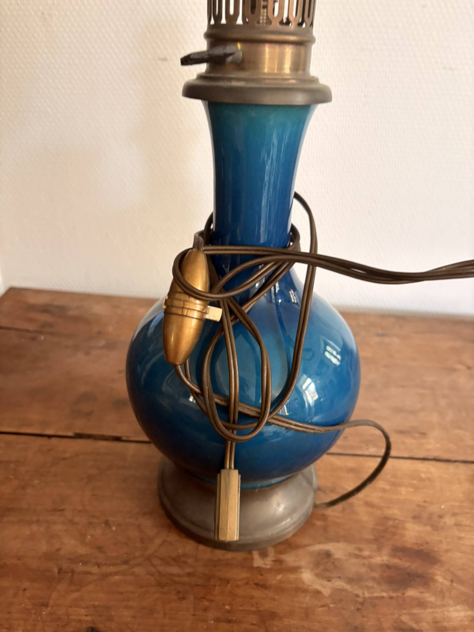 Blue Enamelled Ceramic Lamp Base Brass Vintage Oil Lamp Style