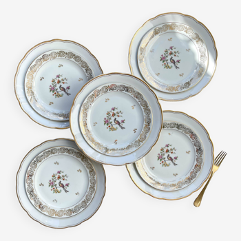 5 vintage gold white porcelain dinner plates + 5 small mismatched bird plates