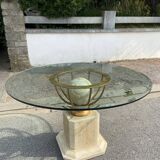 Italian design dining table in alabaster, gilded iron and tempered glass 70s vintage