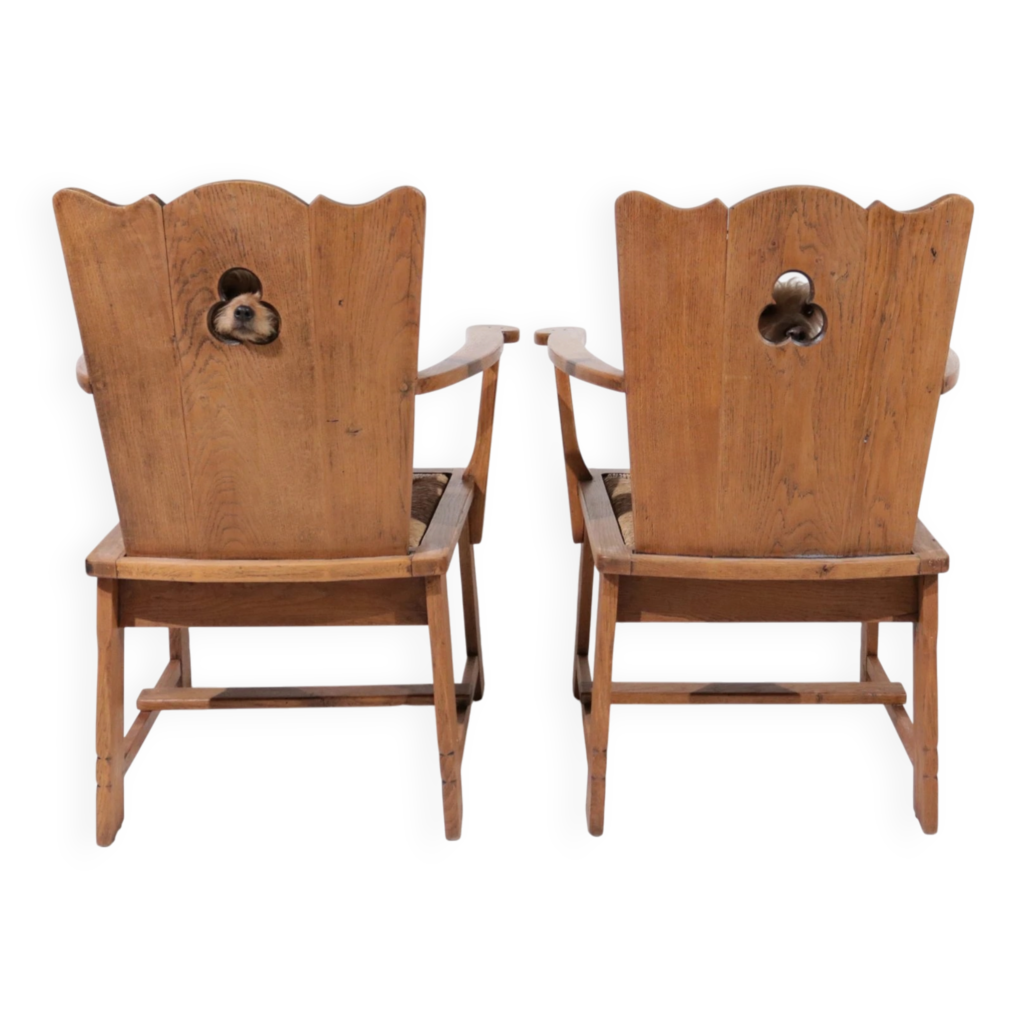 Pair of brutalist oak throne chairs with rush seats – Netherlands, 1930s