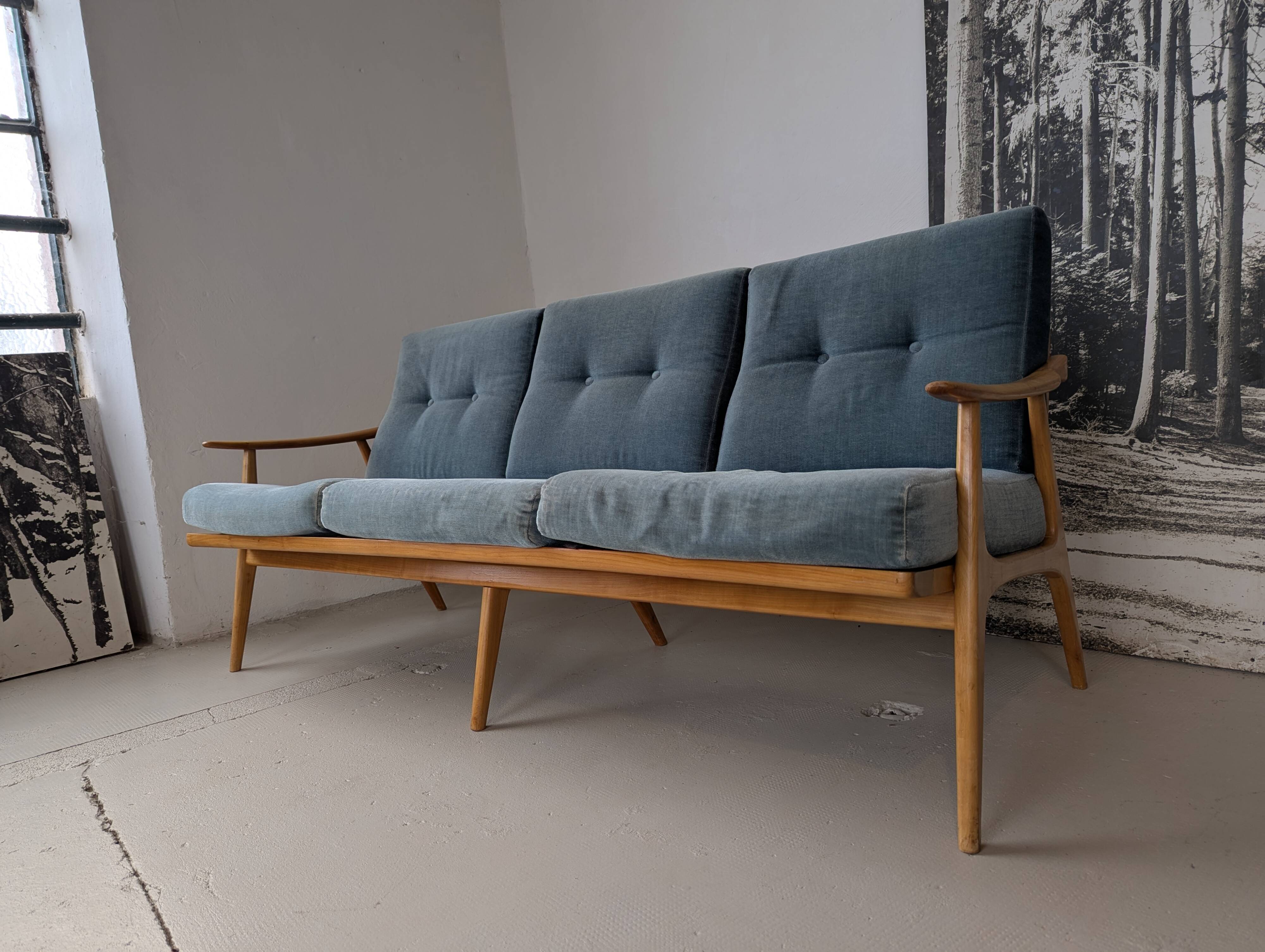 Banquette velours et bois clair, scandinave vers 1960/70