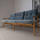 Banquette velours et bois clair, scandinave vers 1960/70