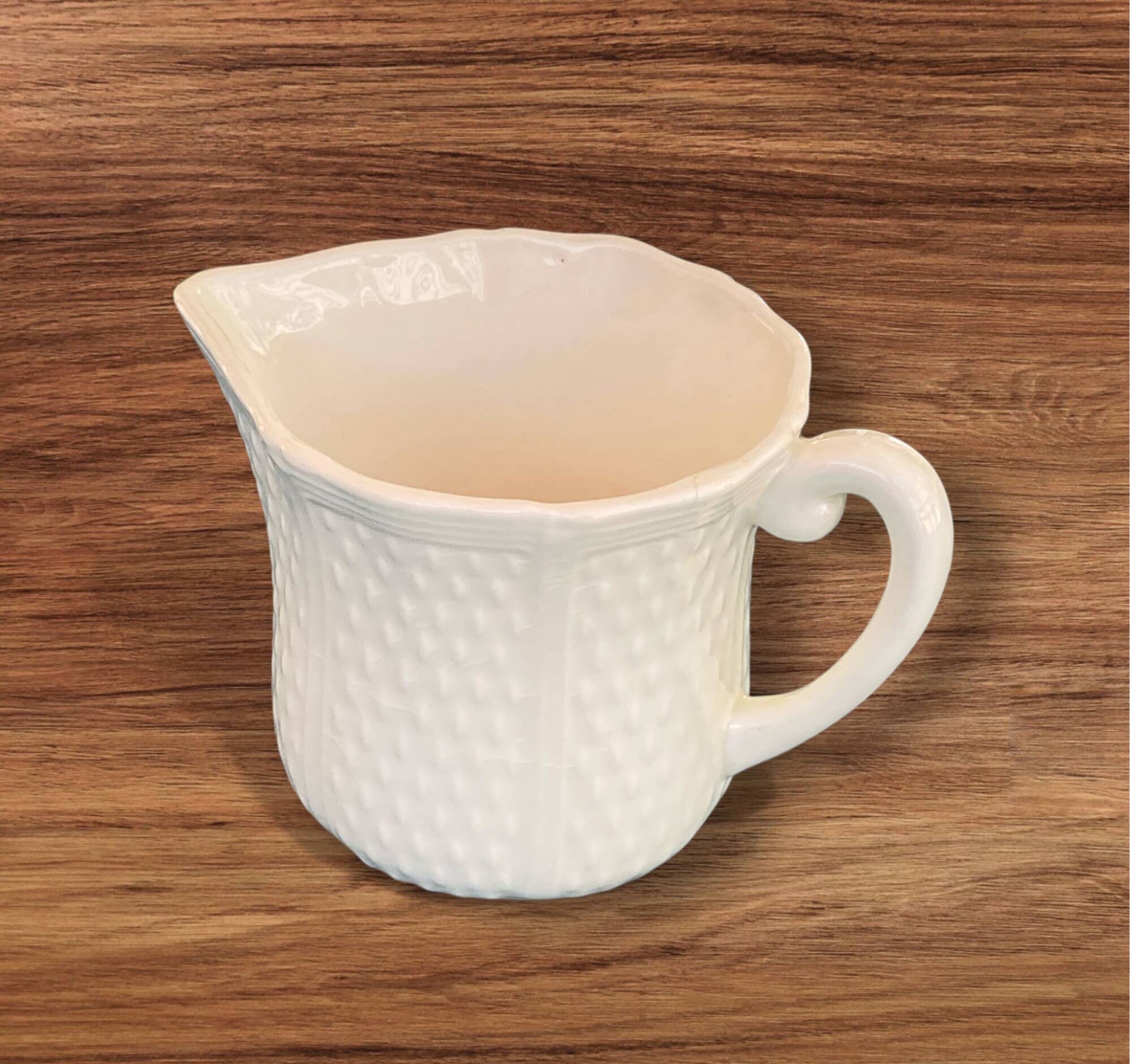Gien earthenware milk jug/creamer with "Pont aux choux" (Cabbage Bridge) and "Grain de Riz" (Rice Grain) decoration